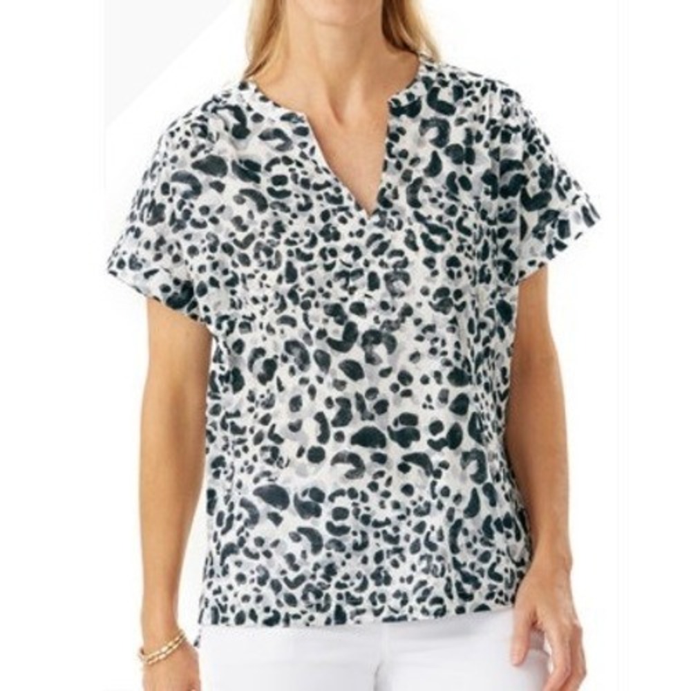 Tommy Bahama Desert Cat Split‎ Neck Top Women Large Black White Leopard Preppy